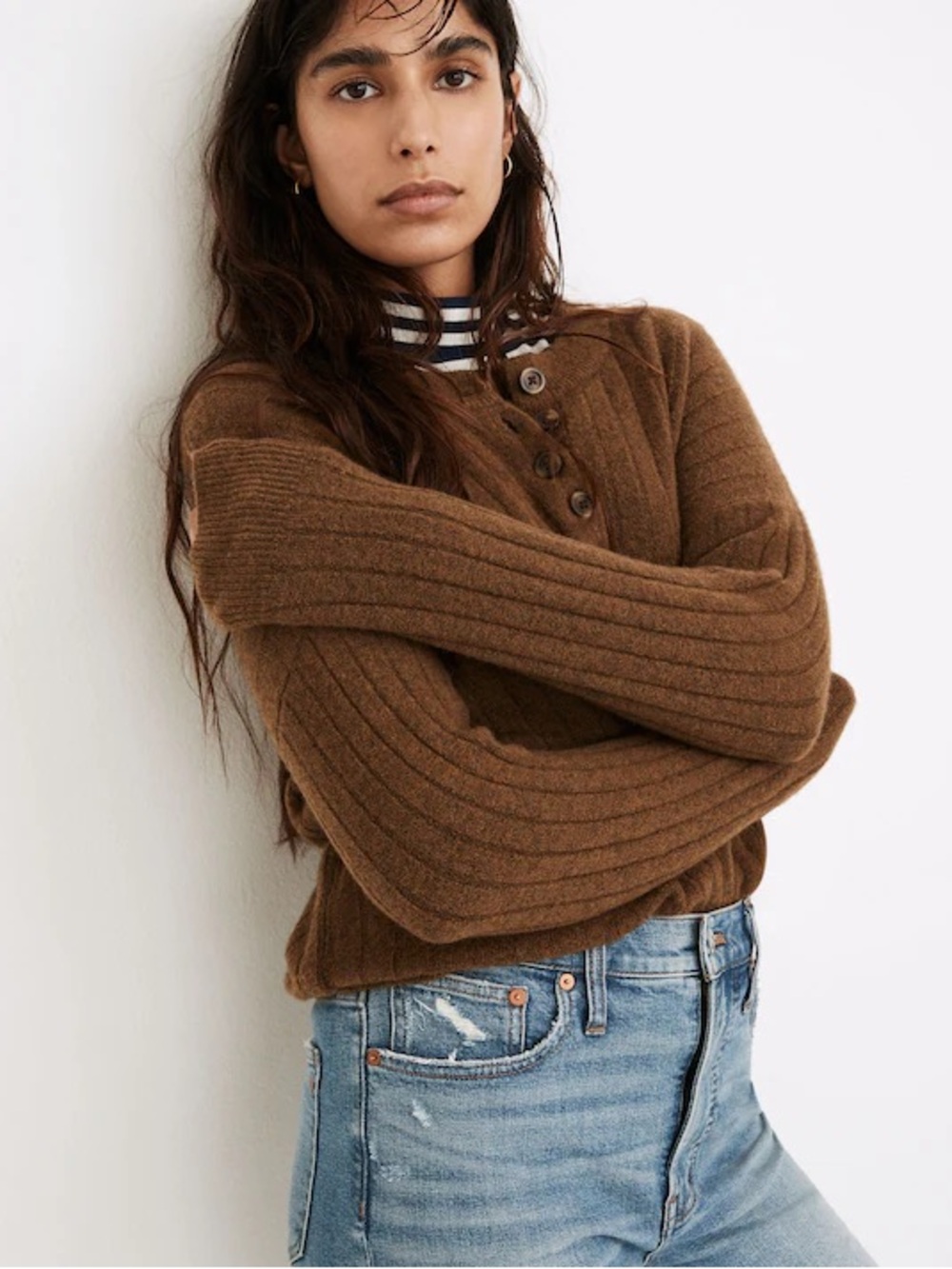 Madewell Small Bowden Henley Sweater in Coziest Yarn Brown Merino Heather Mulch